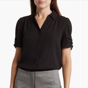 Adrianna Papel Black Blouse Puff Sleeves V Neck Button Up Top Sz Small Work